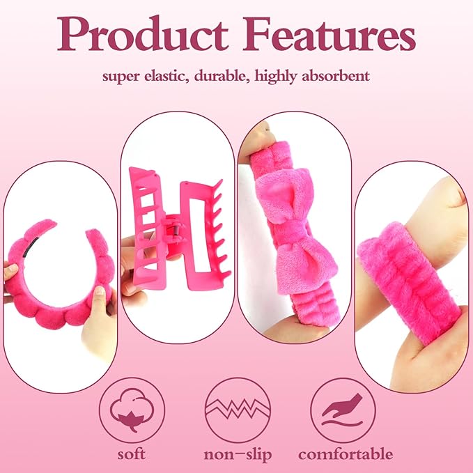 Canitor Spa Headband Wrist Bands Set with Hair Clips Skincare Skin Care Makeup for Washing Face Hot Pink Gifts for Women Preppy Tween Teen Girl Cute Trendy Stuff