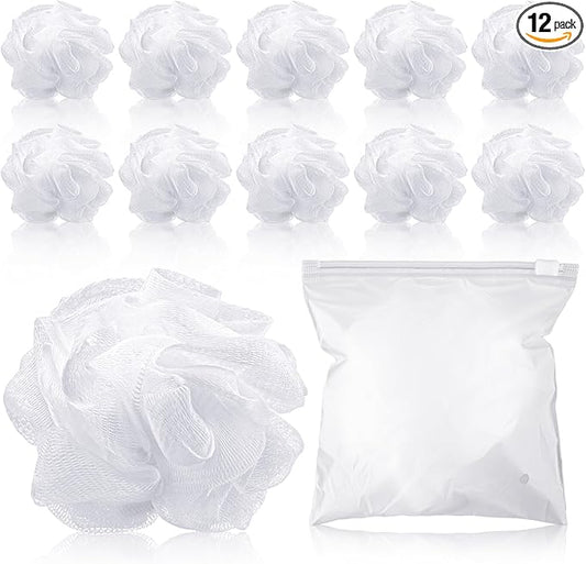 12 Pcs Travel Size Loofah Individually Wrapped, Small Shower Puff Bath Sponge Pouf Ball Bulk Mesh Bath Puff Mini Loofah Sponge with Case Bulk for Shower Care (50g,White)