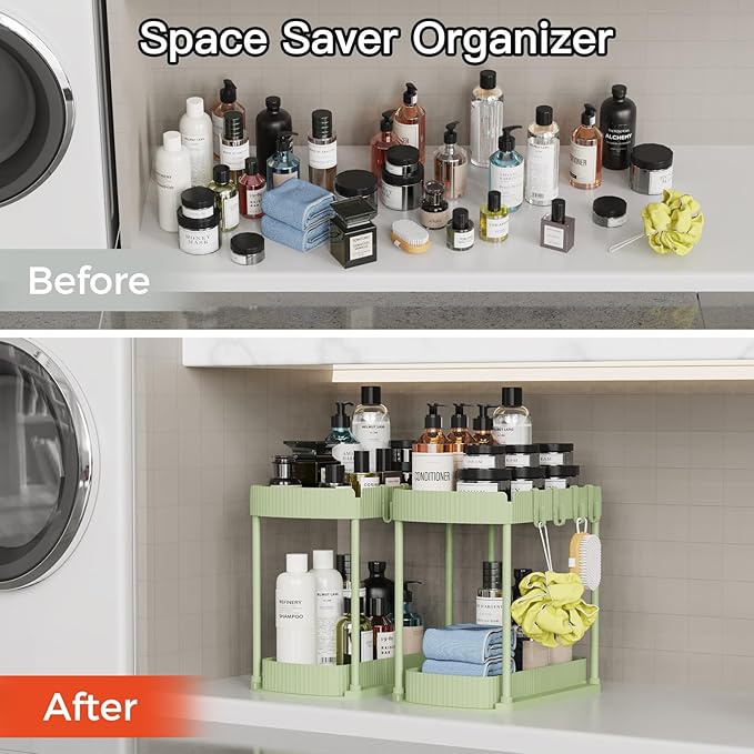 2 Pack Multi-Purpose Pull-Out Storage Organizers, Under Sink Organizers and Storage for Bathroom & Kitchen, Under Cabinet Organizers and storage, 14.8 Inch, Green