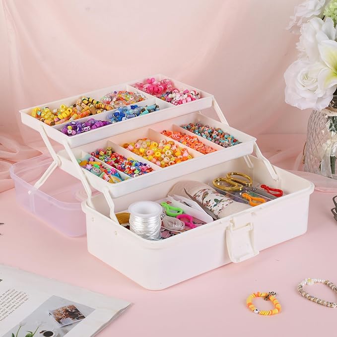 OUTUXED 12.5inch 3-Layer Multipurpose Craft Organizers, Portable Folding Toolbox, Plastic Tool Box with Handle for Sewing Supplies, Medicine, Art Supplies, Nails and Hair Accessories(White)