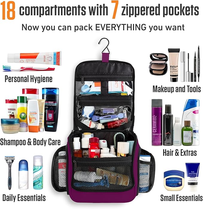 VENTURE 4TH Hanging Travel Toiletry Bag for Women & Men – Large Toiletry Organizer with 18 Compartments, Removable TSA Pouch, Travel Wash Bag for Toiletries, Makeup & Shaving Kit (Purple)