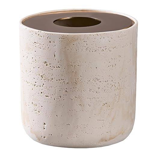 Natural Travertine Textures Mini Trash Can with Rose Gold Stainless Steel Lid, Mini Countertop Trash Can for Bathroom Kitchen, Desk or Table top Mini Garbage Can, Resin Tiny Waste Basket for Vanity