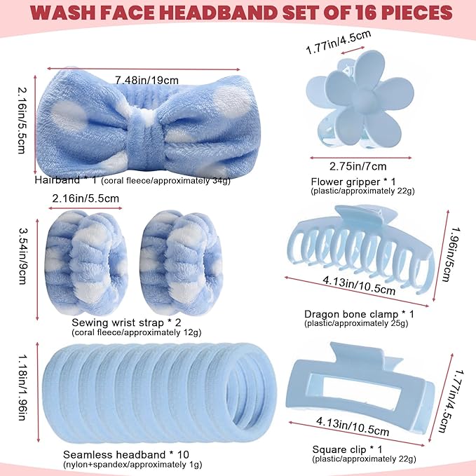 16 Pcs Skincare Headband Set, Face Washing Headband with Wristbands, Hair Claw Clips & Hair Ties, Spa Headbands for Women Girls, Perfect for Facial, Makeup, Shower, Gift Ready Bo