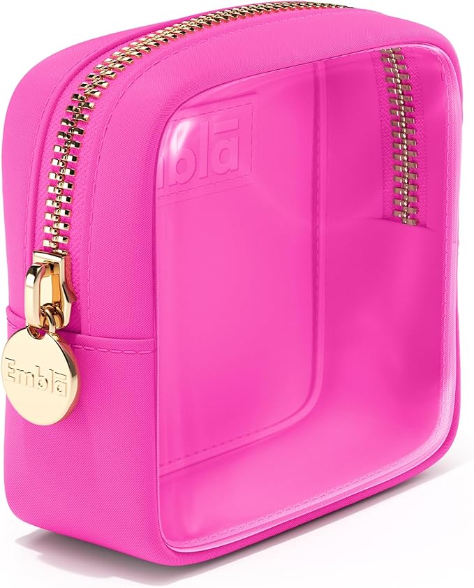 Embla London Makeup Bag Cosmetic Case, Clear Zipper Make Up Pouch and Toiletry Travel Tote, Cute Skincare Pouches for Women Girls, Preppy Purse Cosmetic Organizer, Mini Makeup Bags, Bubblegum