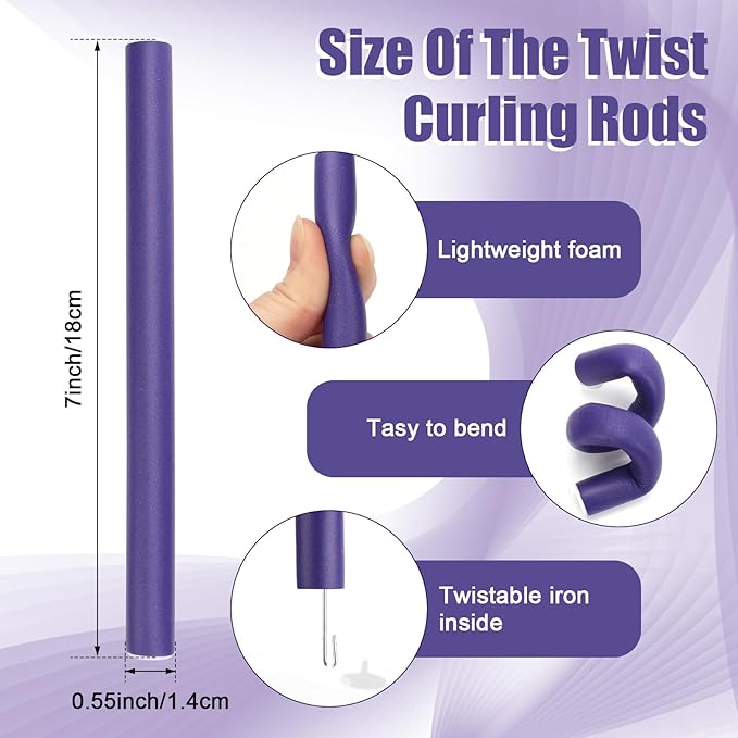 AIDUCHO 30 Pcs Heatless Hair Curlers 7 x 0.55 Inch Flexible Curling Rods Soft Foam Rollers No Heat Bendable Hair Rods Roller for Women Short Medium Long Hair, Purple