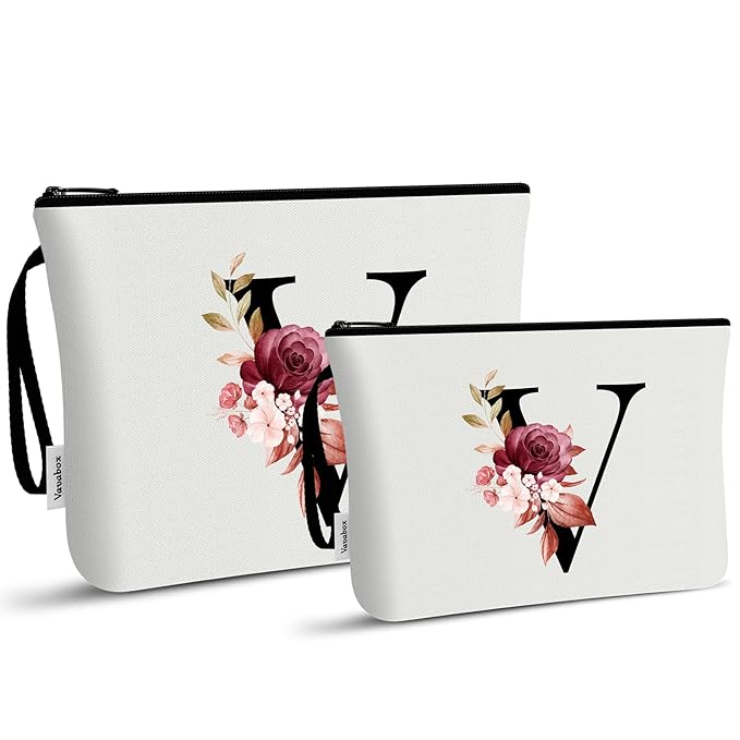 Vavabox A-Z Personalized Makeup Bag, Birthday Gifts for Women Mom, Gifts for Best Friend, Bride Bridesmaid Cosmetic bag (V, 03-White Set)