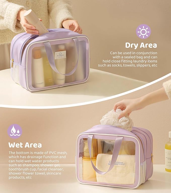 Large Travel Toiletry Bag with Dry Wet Separation– Waterproof Wash Bag for Women, Clear & Matte shower bag for Gym, Overnight, Swimming, and Business Trips