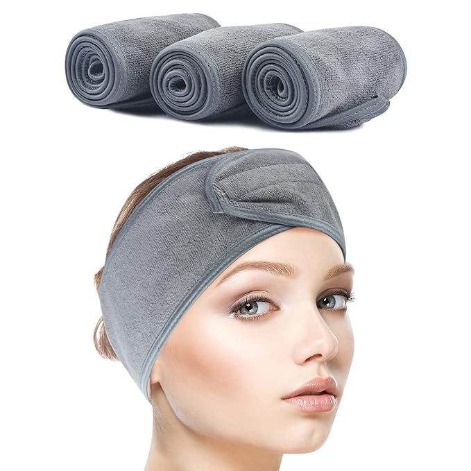 SINLAND Spa Headband for Women 3 Counts Ultra Soft Adjustable Makeup Hair Band with Magic Tape, Terry Cloth Stretch Head Wrap for Face Washing, Bath, Shower, Facial Mask, Yoga