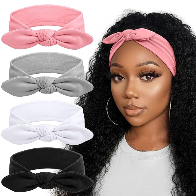 DRESHOW 4 Pack Headbands for Women Bow Knotted Hair Band Facial Cloth Rabbit Ears Running Sport Elastic Hair Wrap