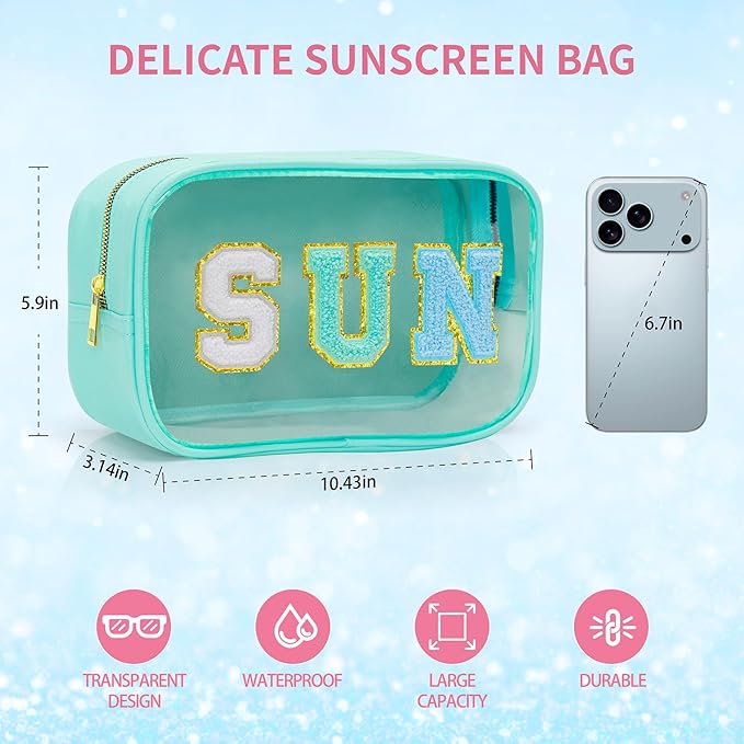 Clear Waterproof Makeup Bag, Cute Sunscreen Bag Pouch with Letter Patches, Travel Beach Pool Bag,Personalized Travel Toiletry Cosmetic Bags Gifts For Girl Women Mom Teacher Nurse (White-SUN)