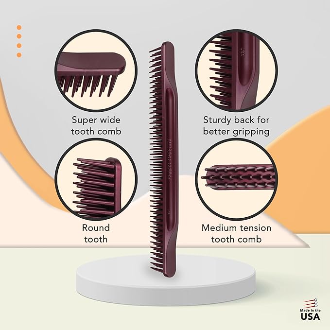 Allegro Combs 3 Row Detangling Comb, Wide Tooth Curl Defining Brush, Perfect for Curly Hair Stylists, Curl Defining Comb, Made In The USA, Burgundy, 1 Piece