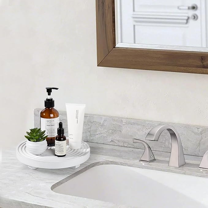 Round Decorative Tray Framhouse Bathroom Decor Wood Riser Kitchen Countertop Organizer for Perfume, Candle, Plant, 9 inch White