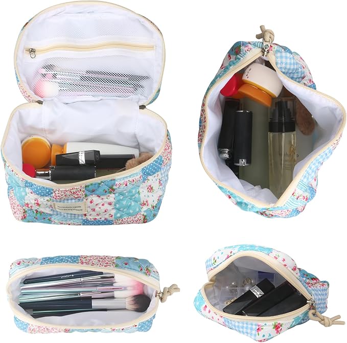 VIWIME Makeup Cosmetic Bag, Large Cotton Quilted Travel Coquette Aesthetic Cute Floral Make up Bag for Women Toiletry Bag Organizer (204- Gird Rose / 4Pcs)