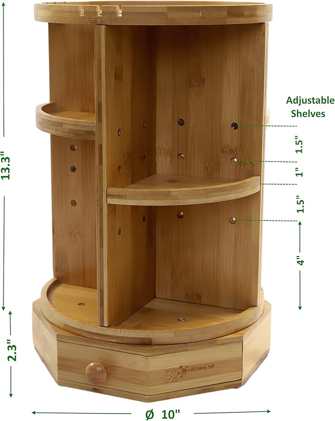 Bamboo Rotating Makeup Organizer with Adjustable Shelves & Drawer - Multipurpose Storage Carousel for Vanity, Bathroom, Kitchen, Bedroom, Desk