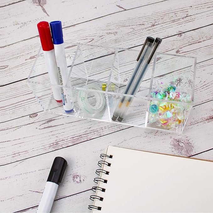 QPEY Extra Large Acrylic Pen Holder 4 Compartments,Clear Pen Holder Organizer Makeup Brush Holder for Office Desk Accessories,Cosmetic Brush Storage Box,Dorm,Bathroom,Kitchen (Clear)
