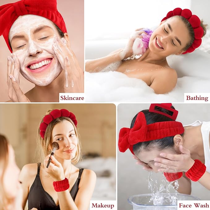 Canitor Spa Headband Wrist Bands Set with Hair Clips Skincare Skin Care Makeup for Washing Face Red Gifts for Women Preppy Tween Teen Girl Cute Trendy Stuff