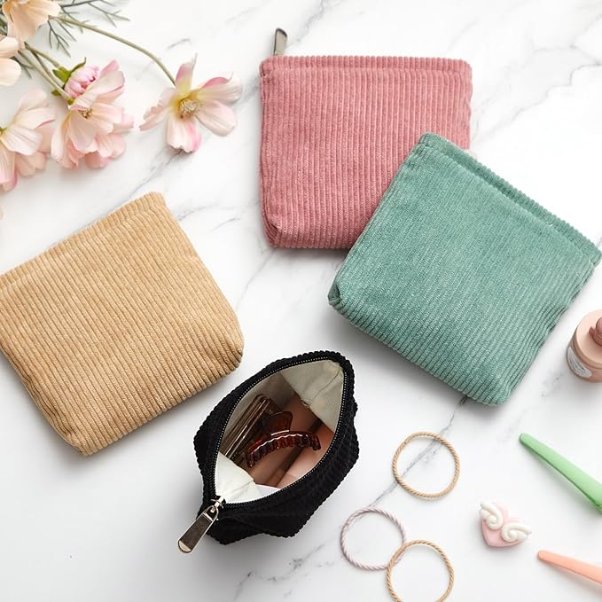 Abbylike 4 Pcs Small Makeup Bag Corduroy Cosmetic Pouch with Zipper Portable Little Bags for Purse Mini Pouch Cute Makeup Purse for Coin Essentials Items Women(Pure)