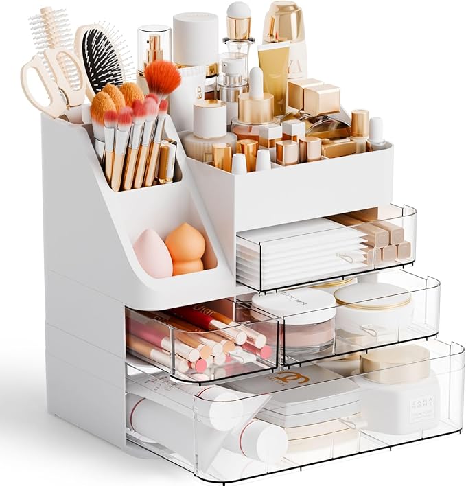 Yieach White Makeup Organizer Countertop With 4 Drawers,Large Cosmetics Storage Organizer for Brush,Hair Products,Plastic Makeup Holders and Beauty Skincare Organizers for Bathroom,Vanity,Dresser Top