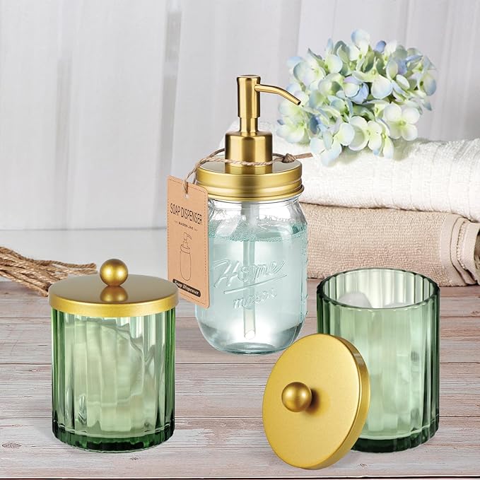 Amolliar Sage Green Glass Qtip Holder Dispenser, Bathroom Canister Apothecary Jar for Cotton Swabs, Cotton Balls, Round Pads, Floss Picks, Countertop Storage Organizer Container for Vanity,Gold 4 Pack