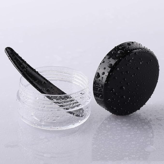 Refillable Cosmetic Sample Jars - 100 Pack 10g (0.35oz) Black Small Travel Containers with Lids + 10 Mini Makeup Spatulas - BPA Free
