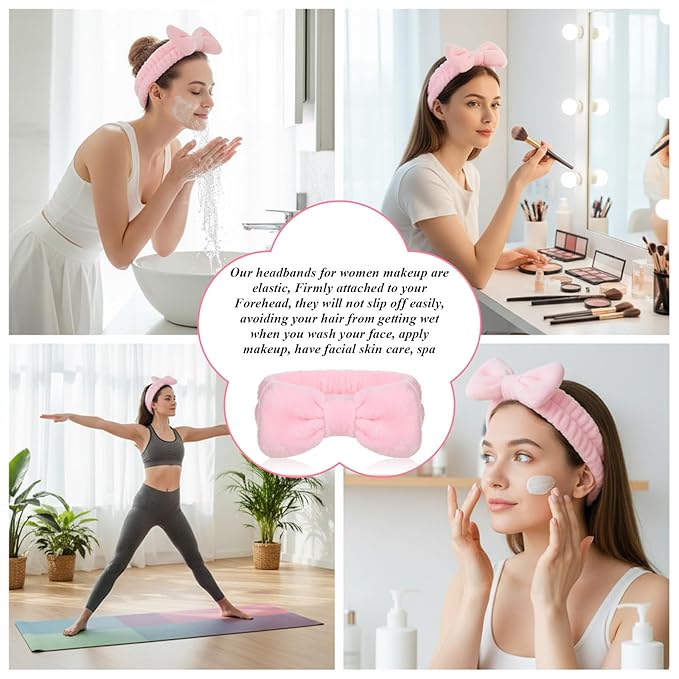 20 PCS Spa Headband, Makeup Headbands for Girls, Non-slip Wide Facial Headband for Washing Face, Spa, Skincare & Sleeping, Soft Flannel Bowtie Design (Pink)