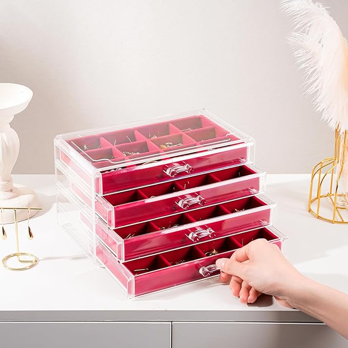 Lolalet Earring Holder Organizer Box Jewelry Storage with 4 Drawers, Clear Acrylic Stackable Earring Case with Adjustable Velvet Trays for Women on Dresser Vanity -Red, 4 Layers