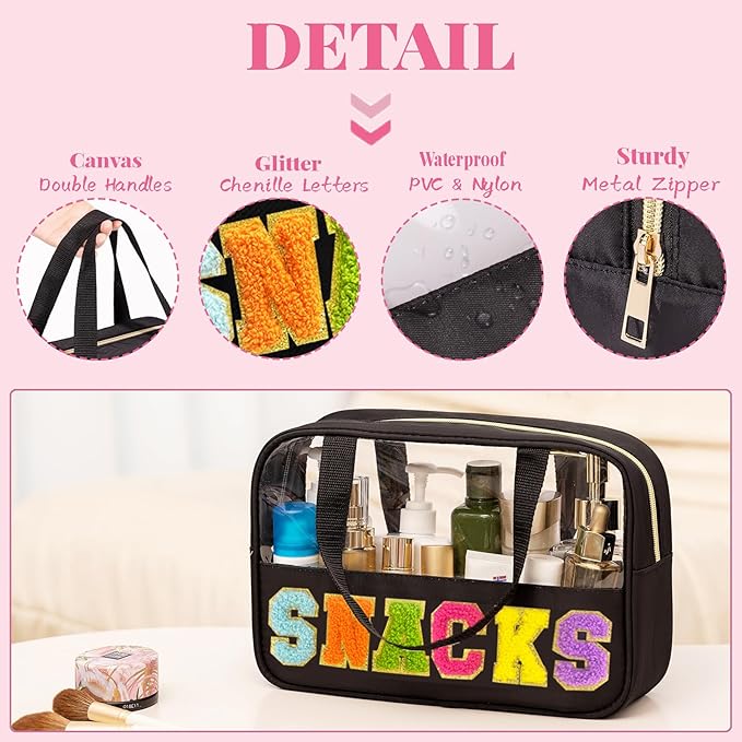 Chenille Letter Snacks Bag Clear Snack Bag Pouch with Handle and Zipper Waterproof Nylon Portable Travel Tote Makeup Bag for Women