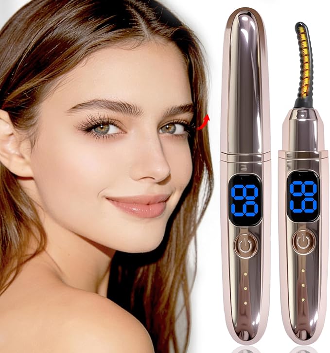 Heated Eyelash Curlers with Battery Indicator, Electric Eyelash Curler 3 Temperature Modes LED Display USB Rechargeable Makeup Tools, Heated Lash Curler Ideal Christmas Gift for Women Golden Brown Y1