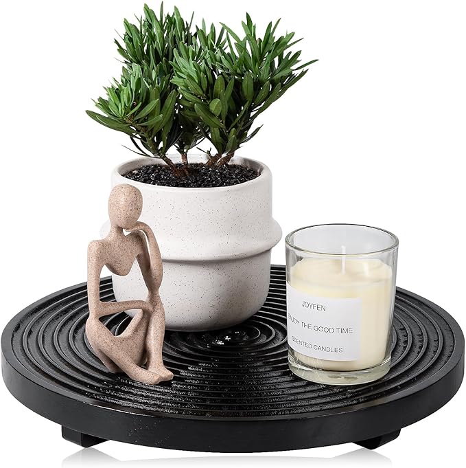 Round Decorative Tray Framhouse Bathroom Decor Wood Riser Kitchen Countertop Organizer for Perfume, Candle, Plant, 12 inch Black