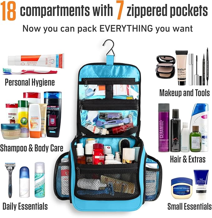 VENTURE 4TH Hanging Travel Toiletry Bag for Women & Men – Large Toiletry Organizer with 18 Compartments, Removable TSA Pouch, Travel Wash Bag for Toiletries, Makeup & Shaving Kit (Light Blue)