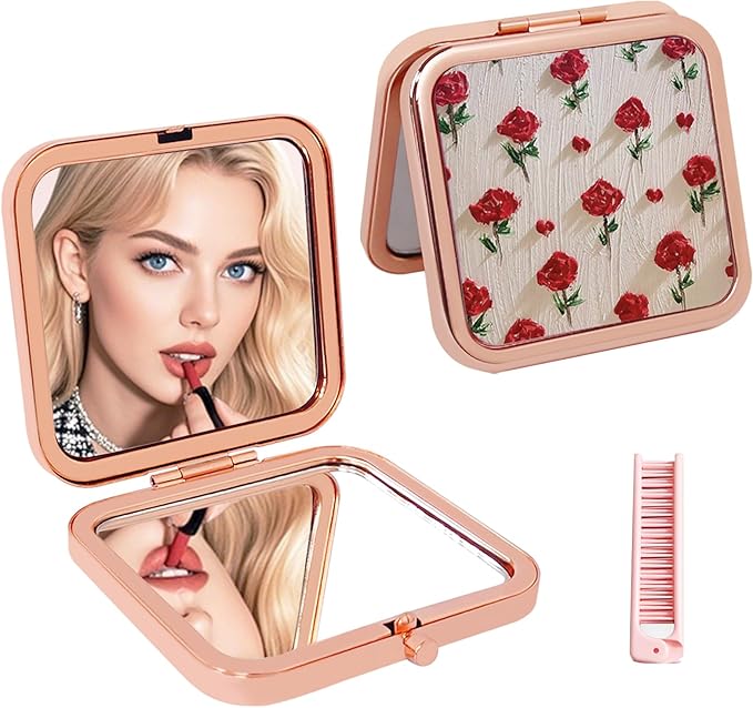 Pocket Mirror, Small Travel Mirror with Magnification, Portable Double-Sided Magnifying Cosmetic Mirror and Pink Folding Comb for Daily
