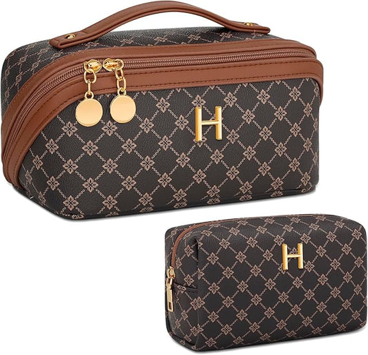 Birthday Gifts for Women Teen Girl, Personalized Initial Makeup Organizer Bag Set, Open Flat Travel Cosmetic Bag With Clear Divider and Handle(Coffee,H)