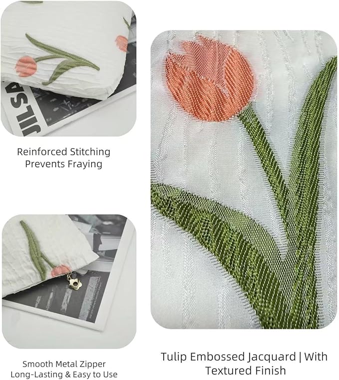 2-Pack Tulip Print Makeup Bag Set - White Fabric Cosmetic Organizer Pouches (1 Large + 1 Small) for Daily & Travel Use