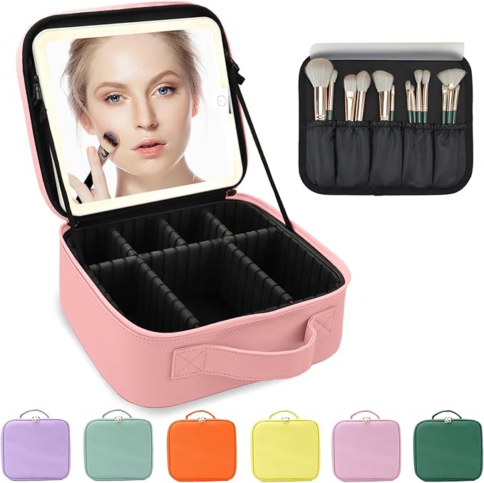 Travel Makeup Bag with LED Lighted Mirror, Travel Makeup Organizer,3 Color Setting Cosmetic Makeup Box, Adjustable Dividers and Brush Holder（pink）