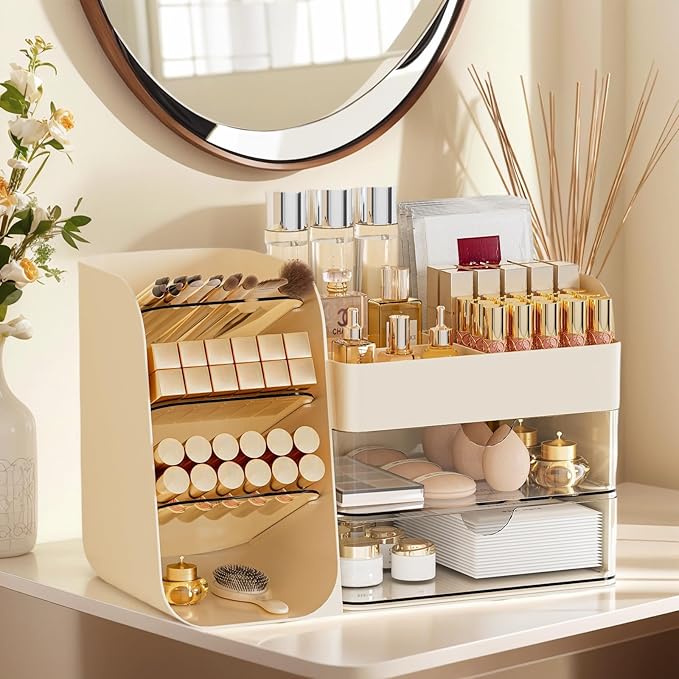 FYABREEK Makeup Organizer with 2 M Drawers & Brush Holders - Cosmetic Storage Case for Vanity, Bathroom Countertop & Desk - Skincare & Office Supplies Organizer (Cream, M)