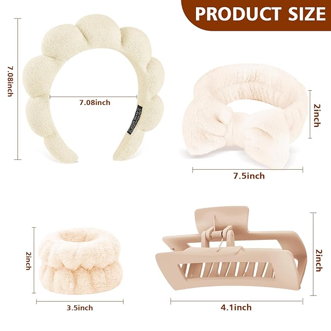 Zkptops 5Pcs Spa Headband for Washing Face Wristband Set Sponge Makeup Skincare Terry Cloth Bubble Soft Hairband Claw Clips for Thick Hair Puffy Padded Headwear Non Slip Hairs Accessory (Beige)