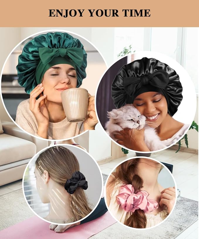 2+3 Large Satin Bonnets with Scrunchies for Women, Hair Bonnet Sleeping Tie Bonnet for Braids Curly Hair
