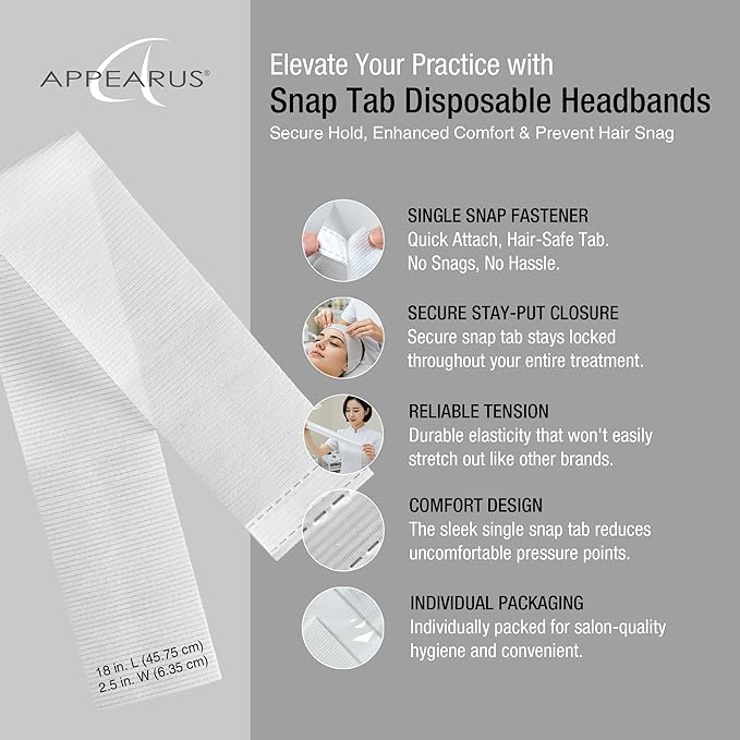 APPEARUS Disposable Spa Facial Headbands (100 Pack) – Individually Wrapped, Stretchable Non-Woven Hair Wraps with Single Snap Tab for Estheticians, Makeup, and Skincare