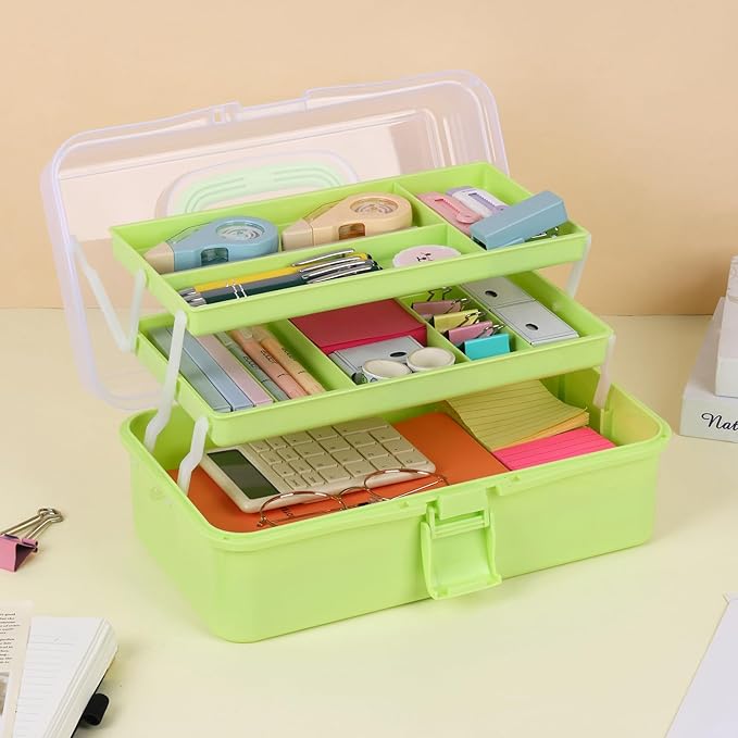 OUTUXED 12.5inch 3-Layer Multipurpose Craft Organizers, Portable Folding Toolbox, Plastic Tool Box with Handle for Sewing Supplies, Medicine, Art Supplies, Nails and Hair Accessories(Green)