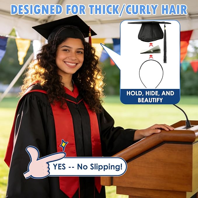 PUNCHMAN Graduation Cap Headband Insert- Black 1 Pack Firm Anti-fall Hair Band,Graduation Hat Headband Holder for Secure Grad Cap And Hairstyle,Hat Accessories for Graduates,Students,Girls