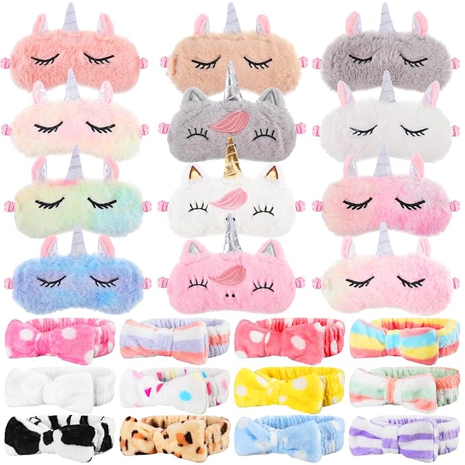 Hanaive 24 Pcs Sleepover Party Supplies Include 12 Unicorn Eye Mask and 12 Bowtie Hair Headband for Girls, Sleepover Party Favors for Women Sleeping Spa Makeup Supplies