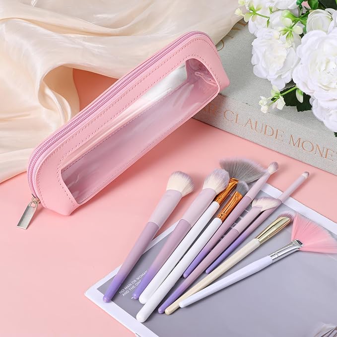 Small Clear Makeup Bag, PU Leather Travel Makeup Brush Bag Portable Transparent Waterproof Cosmetic Organizer Pouch with Zipper for Women Home Travel Office Cosmetic Storage (Pink)