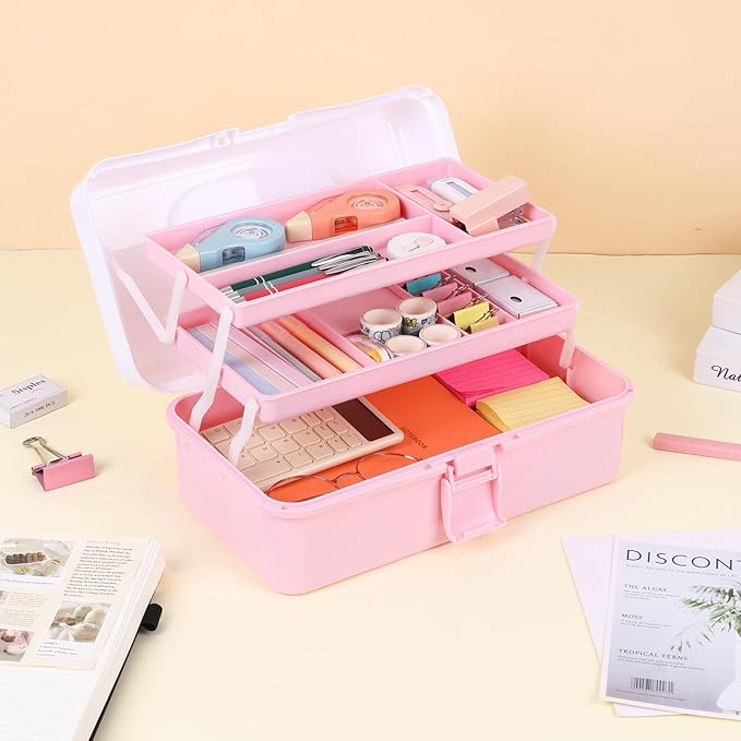 OUTUXED 12.5inch 3-Layer Multipurpose Craft Organizers, Portable Folding Toolbox, Plastic Tool Box with Handle for Sewing Supplies, Medicine, Art Supplies, Nails and Hair Accessories(Dusty Pink)