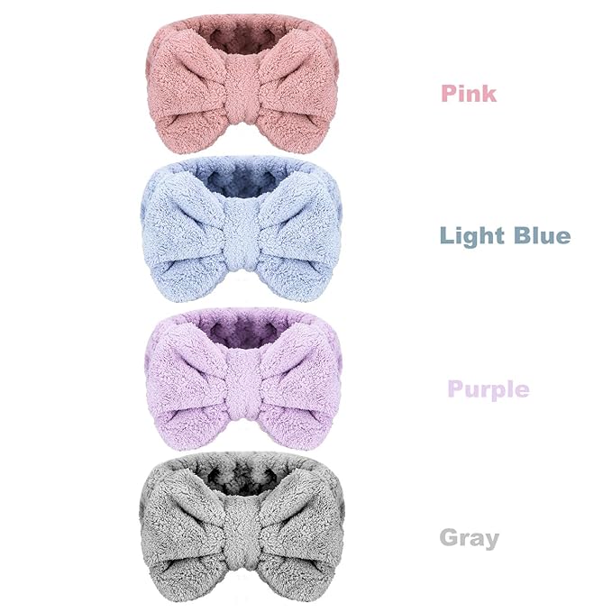 4 Pack Makeup Spa Headband Microfiber Bow Towel Soft Fluffy Washing Face Headband for Women Girls Shower Bath Skincare (Pink, Light Blue, Purple, Gray)