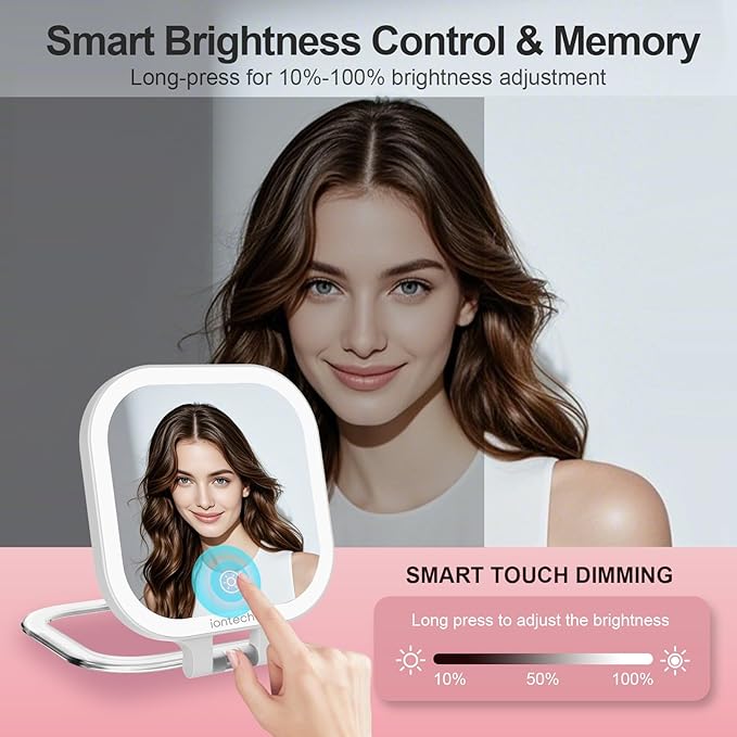 ION 7in Travel Magnifying Mirror with Light,1x/10x Makeup Mirror with Magnification,2500mAh Battery Double Sided Vanity Mirror,3 Color Light,Brightness Adjustment Memory,Folding Stand (Pink)