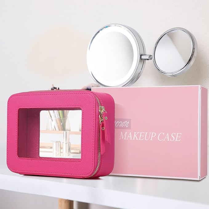 Clear Makeup Bag Women's Waterproof Travel Cosmetic Case and Toiletry Bag Portable Makeup Organizer Bag for Car with Zipper (Fuxia, M)