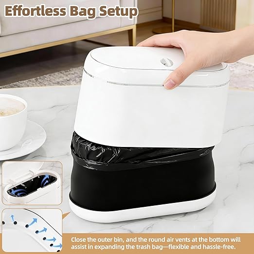 Mini Trash Can for Desk with 5 Rolls of Trash Bags, Small Press-Top Countertop Garbage Bin, Removable Waste Basket for Bedroom, Vanity, Coffee Table, Kitchen (White Full-Lid)