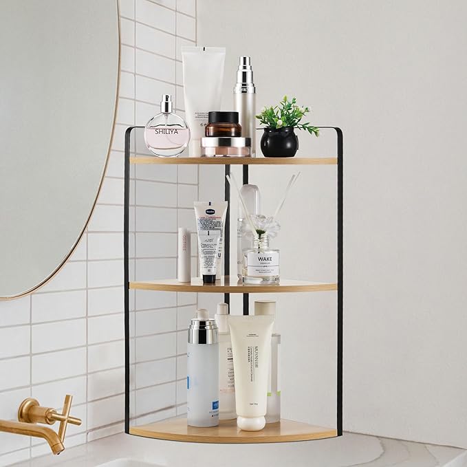 3 Tier Corner Bathroom Counter Organizer, Countertop Organizer, Vanity Organizers, Bathroom Storage Sink Shelf, Wooden Counter Shelf, Perfume Organizer for Makeup Tray (Large Capacity-Rustic Walnut)