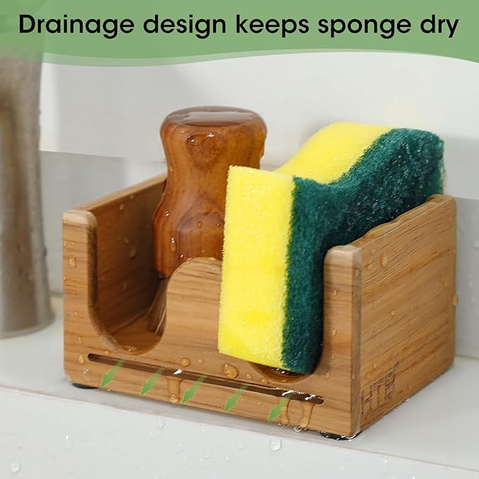 HTB Sponge Holder for Kitchen Sink,Teak Wood Dish Sponge Caddy Rack Tray Stand with Drain,Kitchen Sink Storage Organizer Countertop