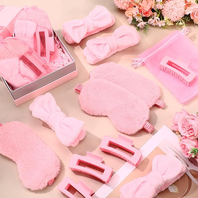 48 Pcs Galentine Spa Party Supplies Sleepover Essentials 12 Spa Headband 12 Plush Eye Mask 12 Claw Clips 12 Organza Bag for Adult Slumber Party Supplies Valentine Gift(Pink)